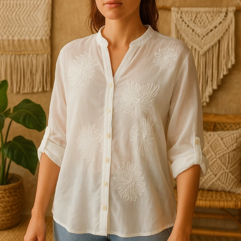 fournisseur de chemise femme en ligne pas cher 1 Lot de 5 (Soit 4.50€ Pièce) Mélange de Couleur de Chemise transparente Gros Motif Floral Brodé – Image 1