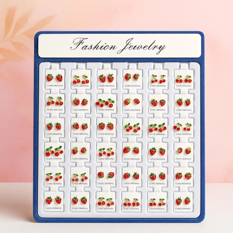 Présentoir de 36 (0,40€ Pièce) : Paires de Boucles d’Oreilles – Motifs Fruits Rouges