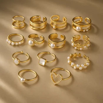 Lot de 15 (1,70€ Pièce) : Bague ajustable Dorée & Blanc nacré – Acier Inoxydable