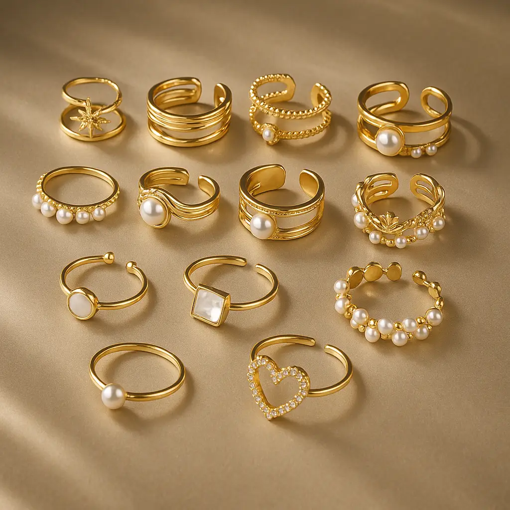 9233948 lot de bague acier inoxydable Lot de 15 (1,70€ Pièce) : Bague ajustable Dorée & Blanc nacré – Acier Inoxydable – Image 1