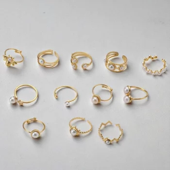 Lot de 12 (1,70€ Pièce) : Bague ajustable Dorée & Perle Blanc nacré – Acier Inoxydable – Image 2