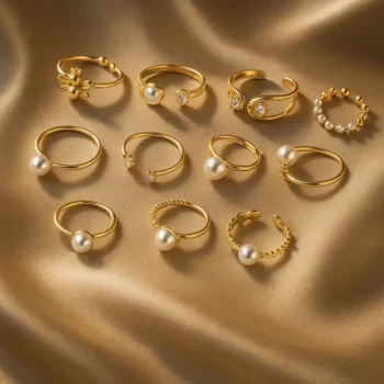 Lot de 12 (1,70€ Pièce) : Bague ajustable Dorée & Perle Blanc nacré – Acier Inoxydable