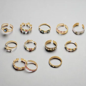 Lot de 12 (1,70€ Pièce) : Bague ajustable Dorée & Œil coloré – Acier Inoxydable – Image 2