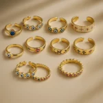 Lot de 12 (1,70€ Pièce) : Bague ajustable Dorée & Œil coloré – Acier Inoxydable