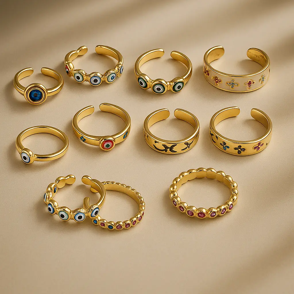 9234270 grossiste bague aciar pas cher Lot de 12 (1,70€ Pièce) : Bague ajustable Dorée & Œil coloré – Acier Inoxydable – Image 1