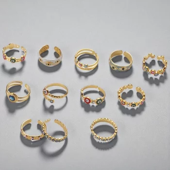 Lot de 12 (1,70€ Pièce) : Bague ajustable Dorée & Œil coloré#1 – Acier Inoxydable – Image 2
