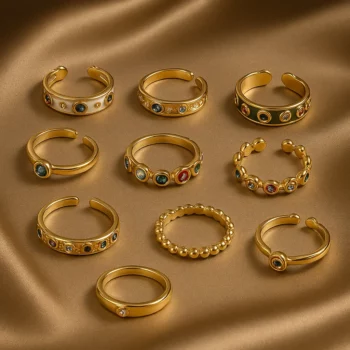 Lot de 12 (1,70€ Pièce) : Bague ajustable Dorée & Œil coloré#1 – Acier Inoxydable