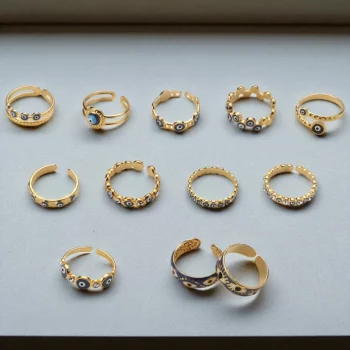 Lot de 12 (1,70€ Pièce) : Bague ajustable Dorée & Œil coloré#2 – Acier Inoxydable – Image 2