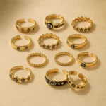 Lot de 12 (1,70€ Pièce) : Bague ajustable Dorée & Œil coloré#2 – Acier Inoxydable