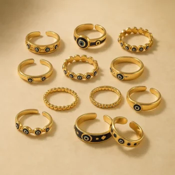 Lot de 12 (1,70€ Pièce) : Bague ajustable Dorée & Œil coloré#2 – Acier Inoxydable