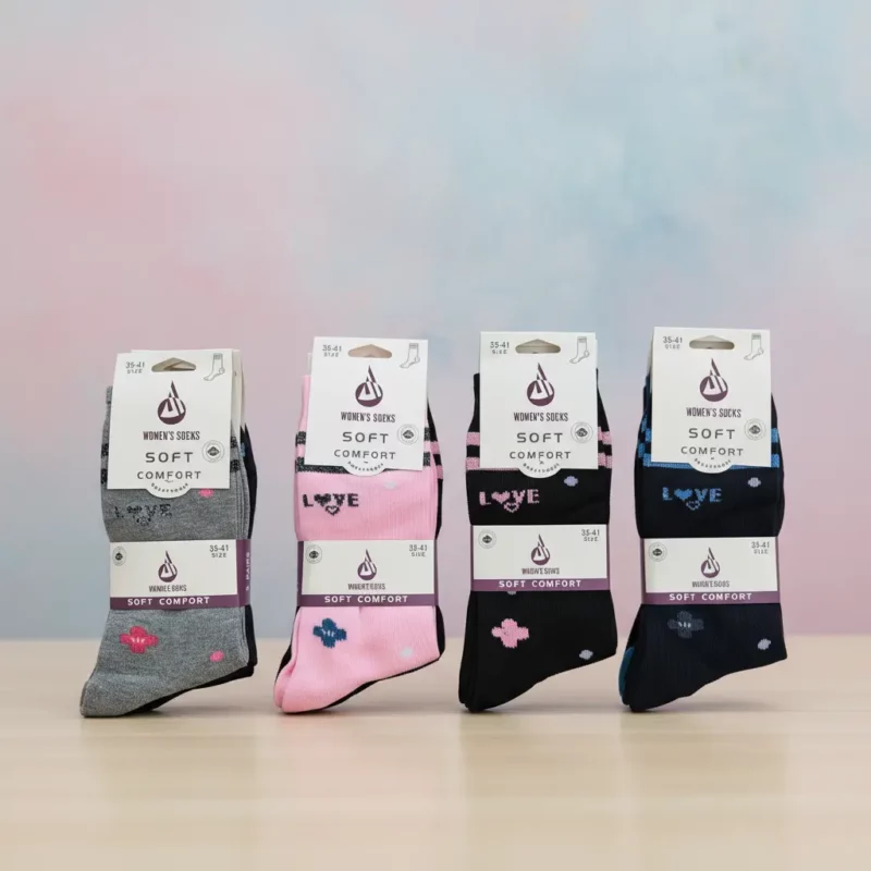 Lot de 12 Paires (0,55€ Pièce) : Chaussettes Femme Hautes – Motifs LOVE et Cœurs