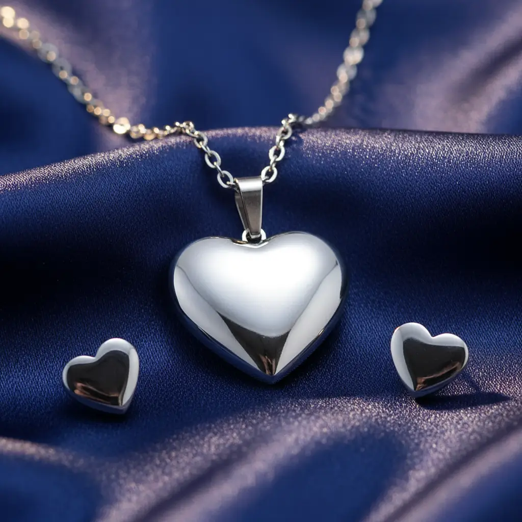 Parure Collier Avec Pendentif Coeur & Boucles d'oreilles - Argenté Lot de 3 (1,50€ La Parure) : Parure Collier Avec Pendentif Coeur & Boucles d'oreilles - Argenté – Image 1