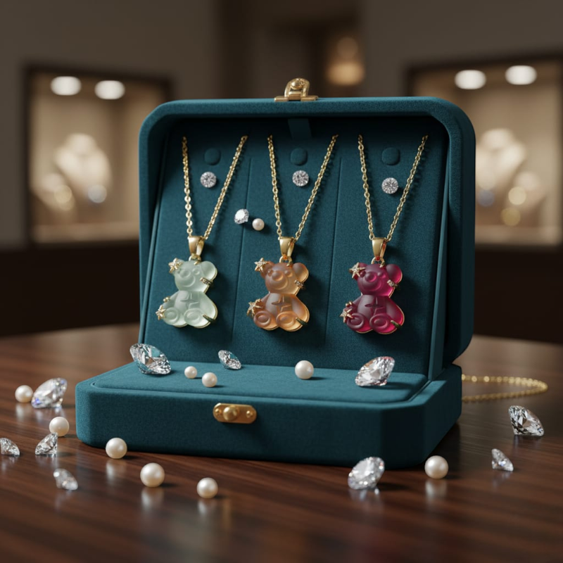 grossiste bijoux pas cher (3) Lot de 3 (2,50€ Pièce) : Collier Doré pendentif Ourson coloré – Image 1