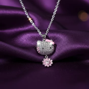 Lot de 5 (1,25€ Pièce) : Collier Argenté pendentif Kitty & Fleur colorée