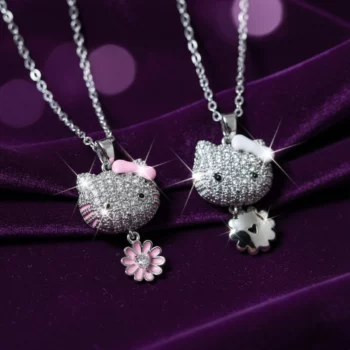 Lot de 5 (1,25€ Pièce) : Collier Argenté pendentif Kitty & Fleur colorée – Image 2