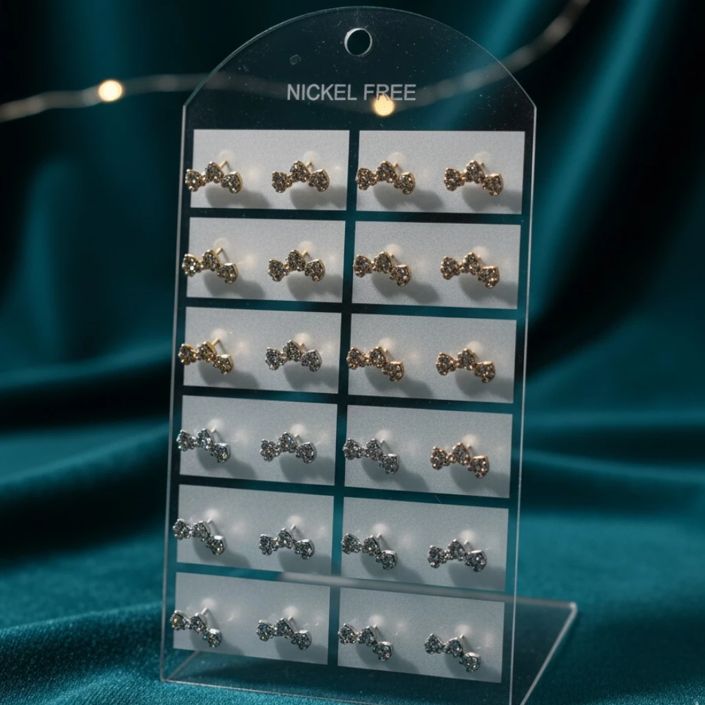 presentoir de boucles d'oreille a strass prix de gros 1 Présentoir de 24 (0,30€ Pièce) : Paires de Boucles d’Oreilles Nœud Strass – Sans Nickel – Image 1