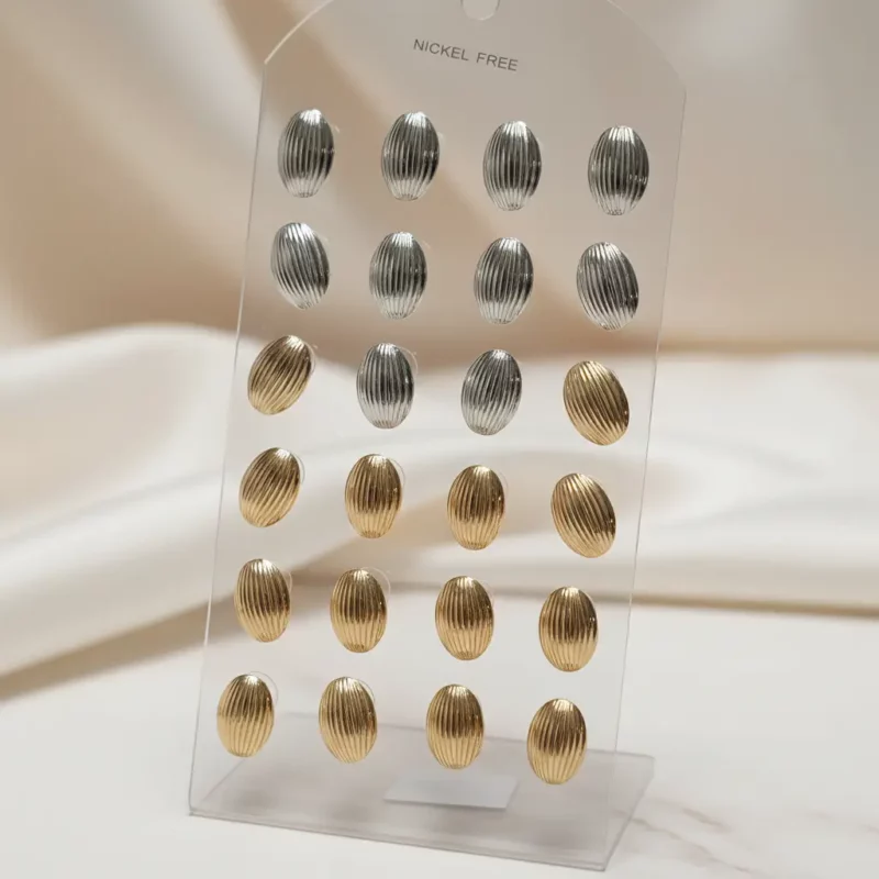 Présentoir de 24 (0,30€ Pièce) : Paires de Boucles d’Oreilles Ovales Striées – Sans Nickel