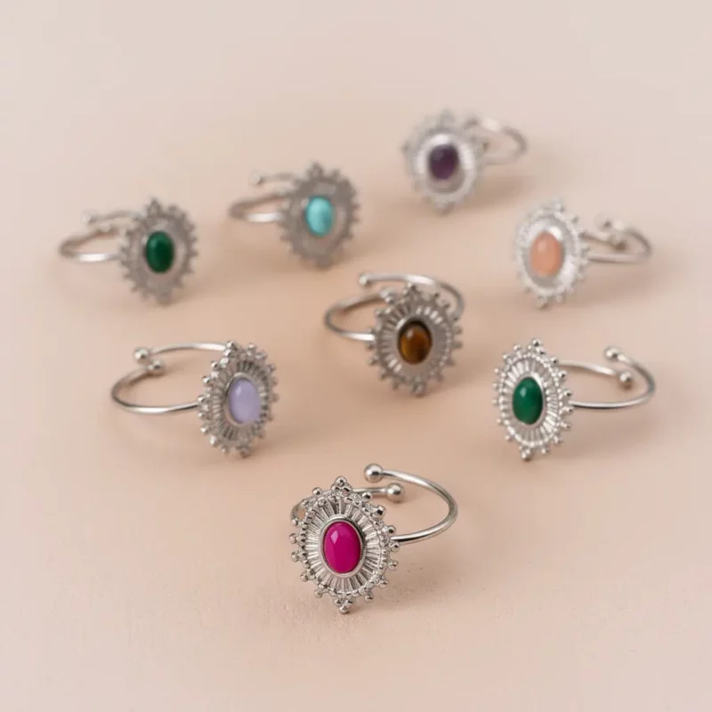 Lot de 12 (1,90€ Pièce) : Bague ajustable Argentée & Colorée – Acier Inoxydable