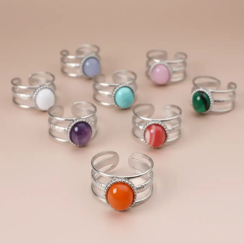 Lot de 12 (1,90€ Pièce) : Bague ajustable Argentée & Colorée – Acier Inoxydable