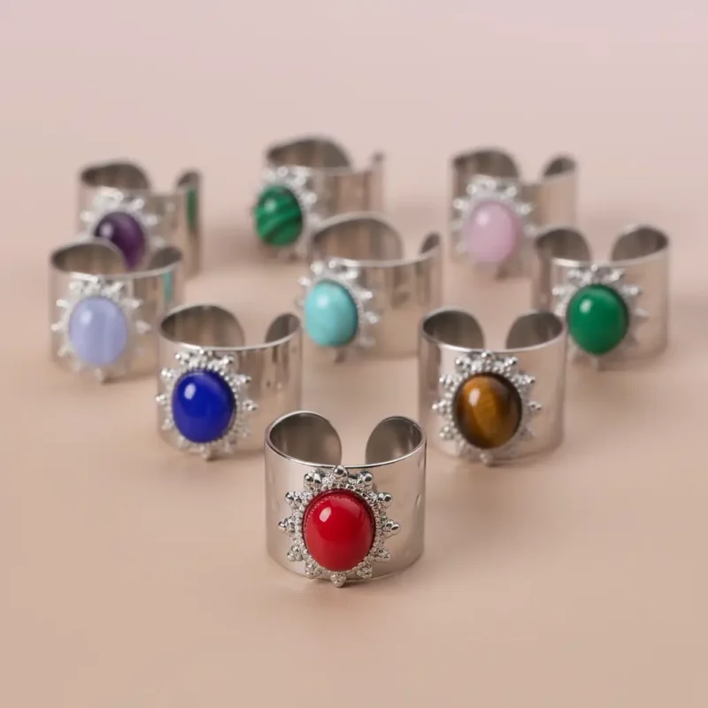 Lot de 12 (1,90€ Pièce) : Bague ajustable Argentée & Colorée – Acier Inoxydable