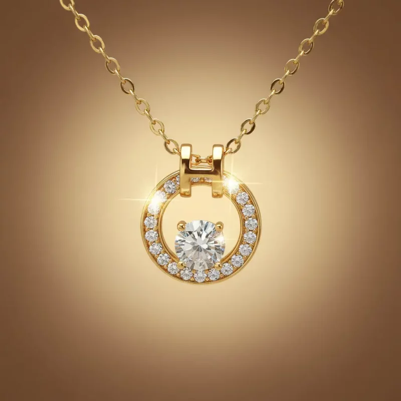 Collier Avec Pendentif Cercle & Strass Doré - Acier Inoxydable Haute Qualité