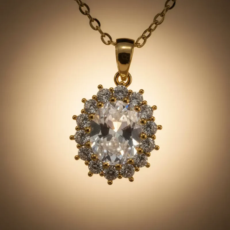 Collier Avec Pendentif Simili Diamant & Strass Doré - Acier Inoxydable Haute Qualité