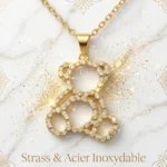 Collier Avec Pendentif Ourson & Strass Doré - Acier Inoxydable Haute Qualité