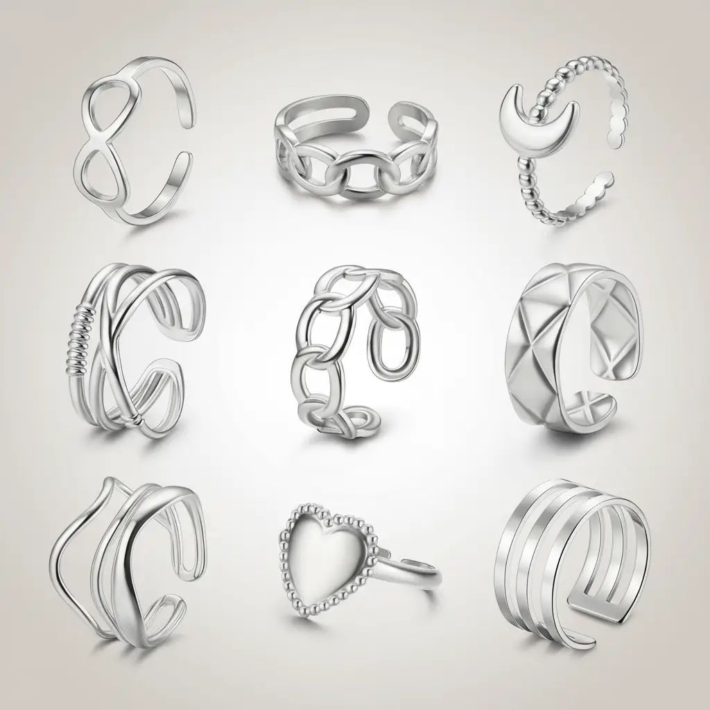 lot de bague acier inoxydable argenté Qualité Premium 💍 Lot de 50 (1,85€ Pièce) : Bagues Argentée en Acier Inoxydable – Réglables - Bon Mélange – Image 1