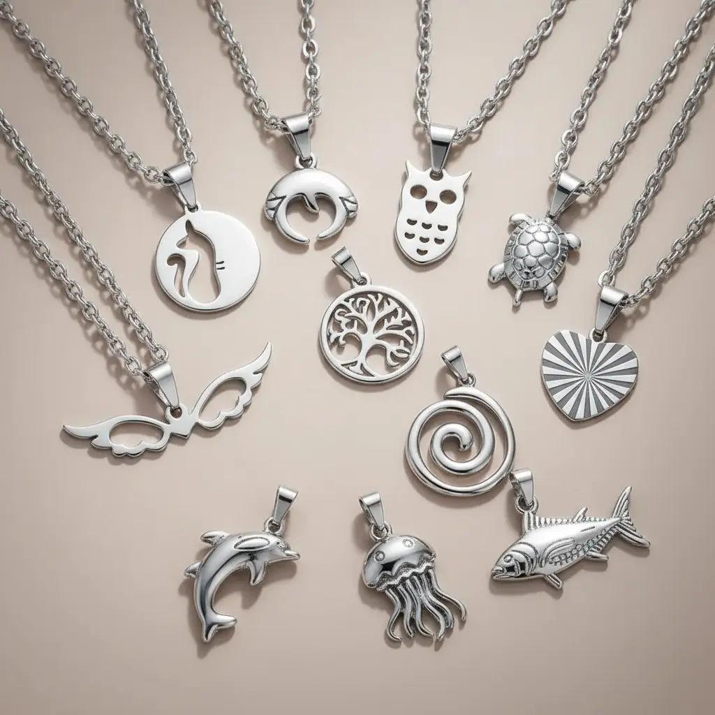lot de colier argenté Lot de 100 (1,25€ Pièce) : Collier + Pendentif Argenté avec Pendentif – Mélange de plus de 20 Modèles – Image 1
