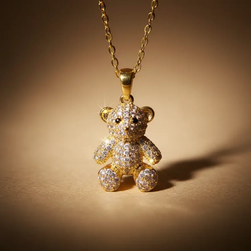 Collier Avec Pendentif Ourson & Strass Doré - Acier Inoxydable Haute Qualité
