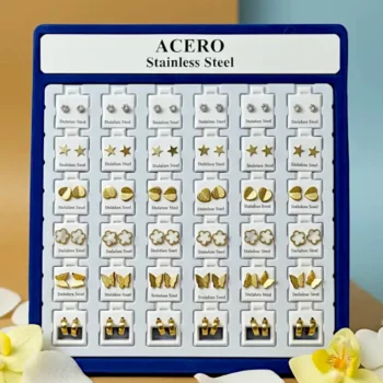 Présentoir de 36 (0,90€ Pièce) : Paires de boucles d’oreilles en acier inoxydable – cœur, papillon, trèfle, anneau, étoile et strass