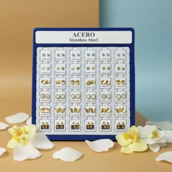 Présentoir de 36 (0,90€ Pièce) : Paires de boucles d’oreilles en acier inoxydable – cœur, papillon, trèfle, anneau, étoile et strass – Image 3
