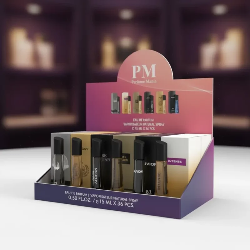 🏆Présentoir de 36 (1,60€ Pièce) : Eaux de Parfum Homme 15ml PM – Collection de Luxe💼✨