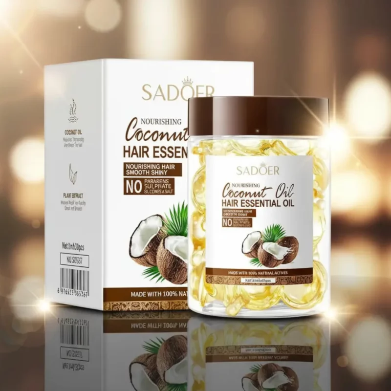 Cheveux Sublimes ! 💎 Huile Essentielle à la Noix de Coco 100% Naturelle 30 Capsules – SADOER (Soin Réparateur & Brillance) 🌴