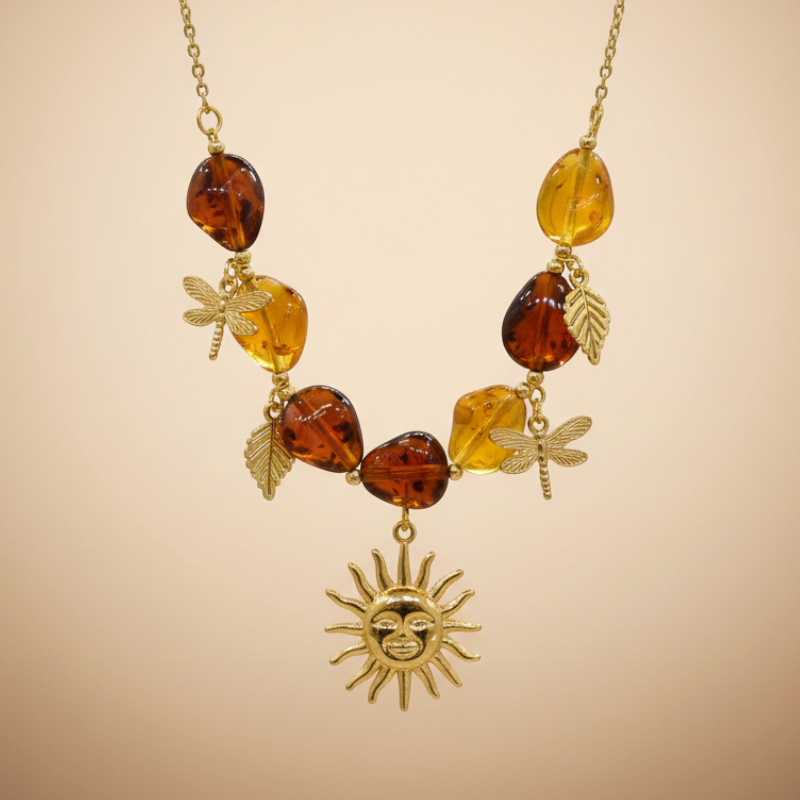 fournisseur de colier (2) ✨Collier Plastron Soleil, Libellules et Perles Ambrées💎Acier Inoxydable de Haute Qualité – Image 1