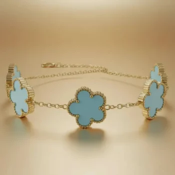 Bracelets en Acier Inoxydable 5 trèfles - Doré & Bleu Ciel