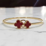 ✨Bracelet Jonc Doré "Trèfles Passions" Rouge💎Acier Inoxydable de Haute Qualité