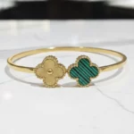 ✨Bracelet Doré Jonc Trèfles Porte-Bonheur Bicolore💎Acier Inoxydable de Haute Qualité