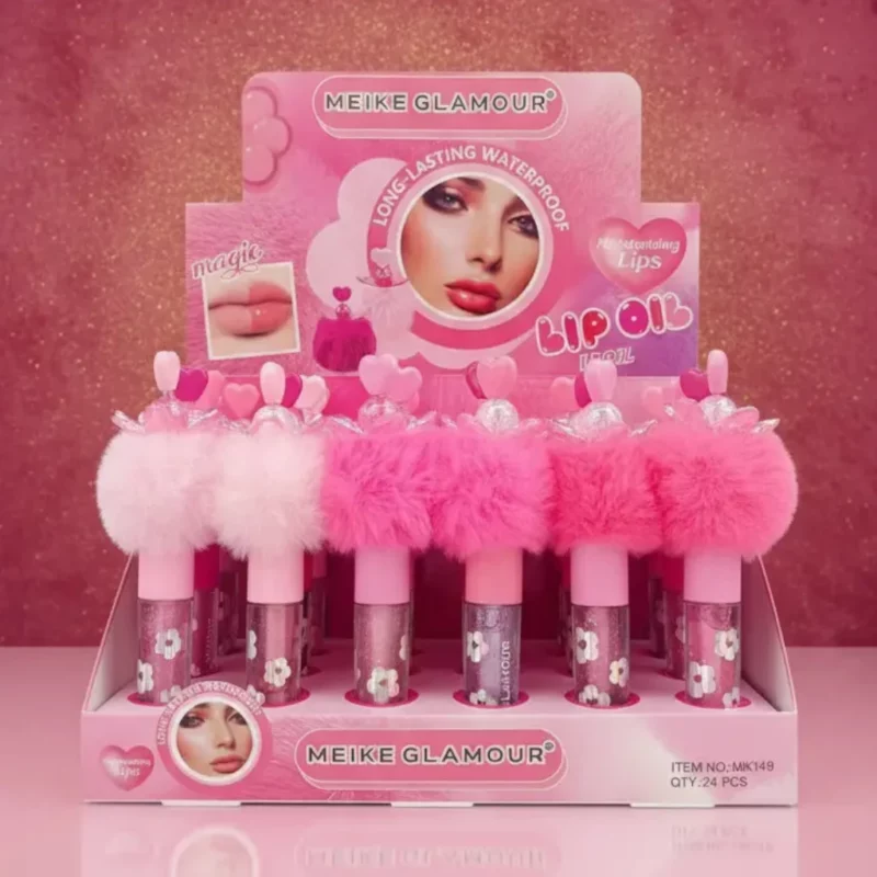 Présentoir de 24 (soit 1,30€ unité) :🎀 Huile à Lèvres Éclatante MEIKE GLAMOUR MK149 - Lèvres Douces & un Pompon Tendance ! 🌟