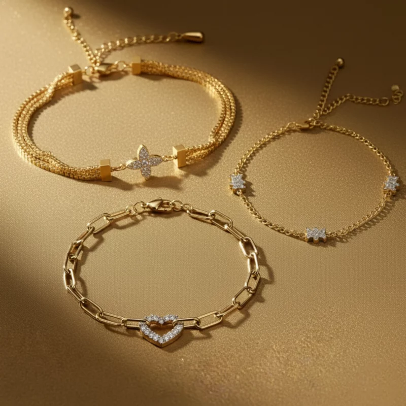 Lot de 10 (1,70€ Pièce) : 10 Bracelets Strass Différents Dorés Acier Inoxydable – Qualité Premium & Designs Variés 🎁✨