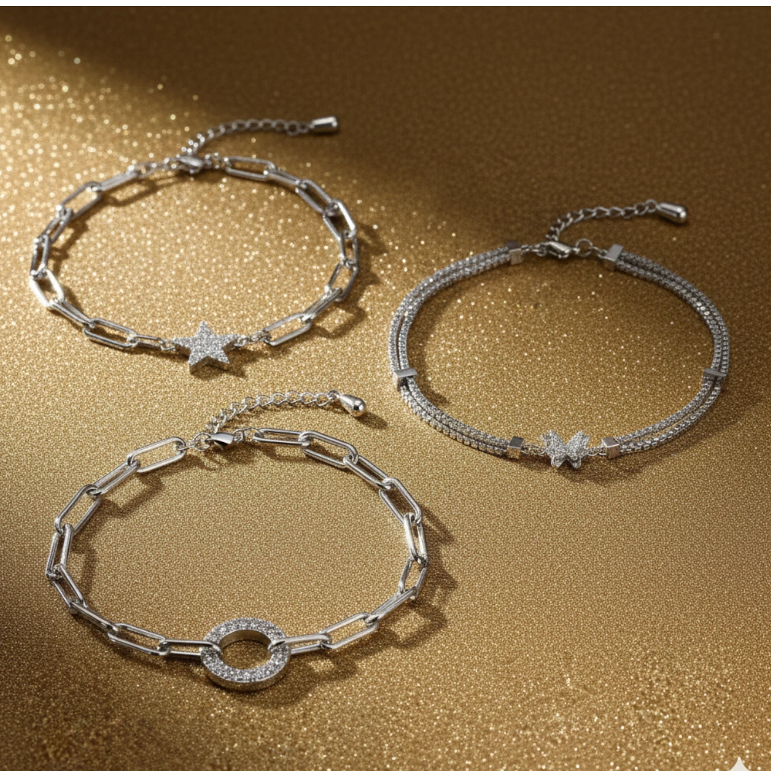 lot de bracelet doré pas cher (4) Lot de 10 (1,70€ Pièce) : 🔗10 Bracelets Différents en Acier Inoxydable Argenté & Strass 🔗 – Image 1