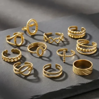 Lot de 100 Bagues (1,70€ Pièce) : Bague Ajustable Doré Qualité N°1- Mélange ± 30 Différentes – Acier Inoxydable