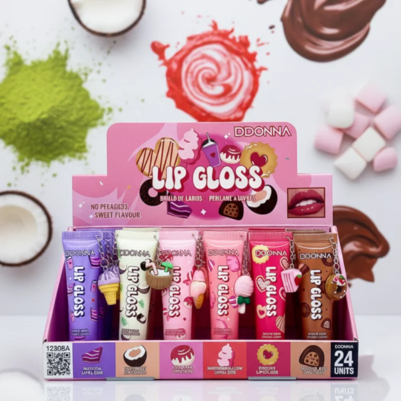 Présentoir de 24 (soit 0,99€ l'unité) : Gloss à Lèvres DDONNA FLAVOURS Collection Gourmande | Breloques Kawaii