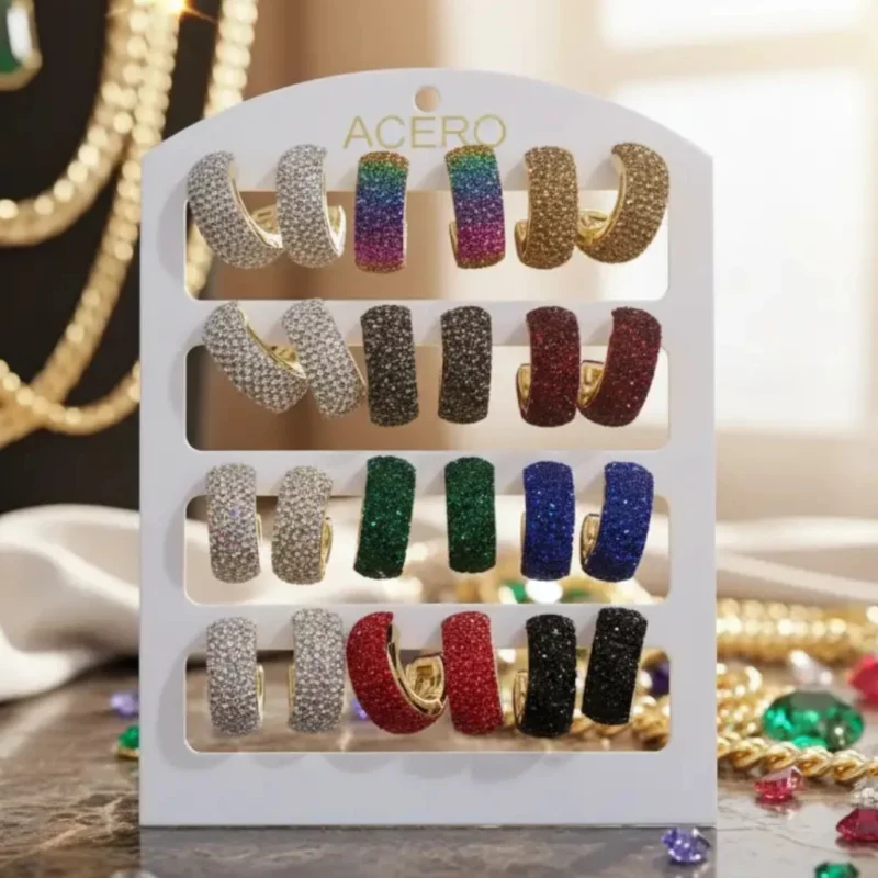 Présentoir de 12 paires (soit 1€ la paire) : Présentoir Boucles D'oreilles "Rivière de Strass" – Collection Éclat