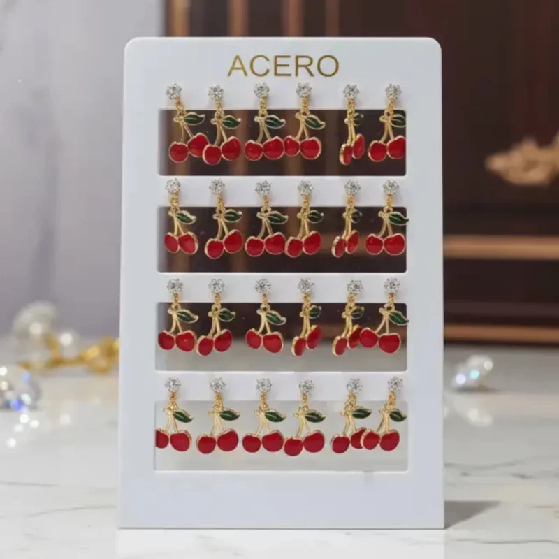 Présentoir de 12 paires (soit 0,85€ la paire) : Présentoir Boucles D'oreilles "Cerises Étincelantes Acier Inoxydable"