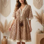 Robe Courte Bohème "Arya" Imprimé Pois Terre de Sienne d'INDE