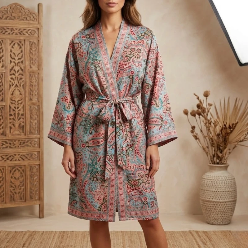Kimono Court en Soie “Santi” Imprimé Patchwork Ethnique & Floral Vert & Rose d’INDE