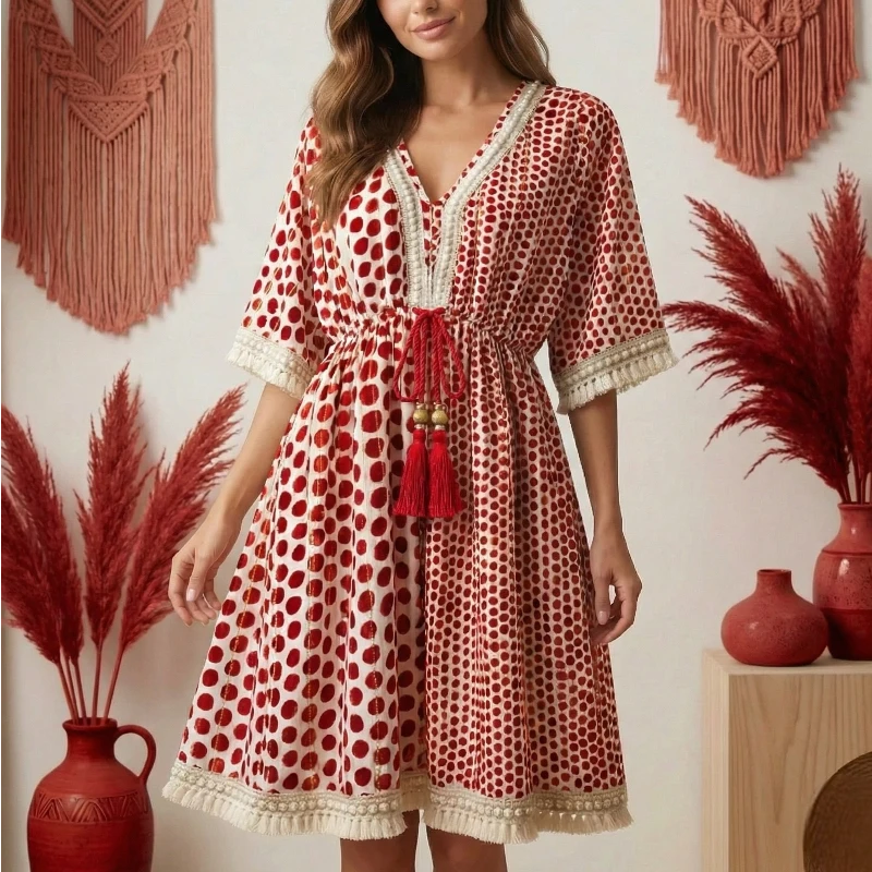 grossiste en robe boheme femme (3) Robe Courte Bohème "Arya" Imprimé Pois Rouge Garance d'INDE – Image 1