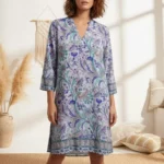 Robe Courte Bohème "Alya" Imprimé Floral & Cachemire Bleu d'INDE