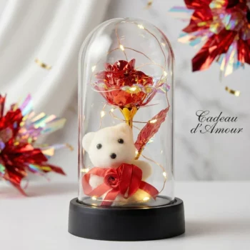 ✨ Dôme Enchanté : Rose Éternelle & Ourson Étincelant 🌹🧸 - Env : 14cm X 7cm